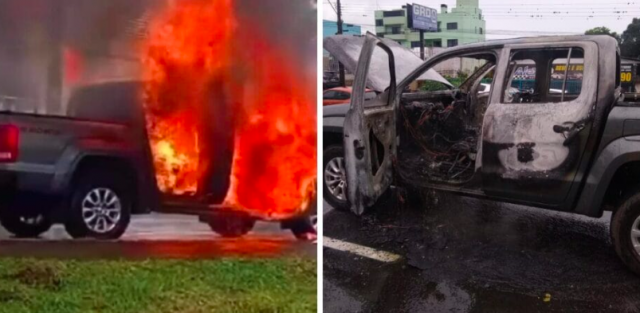 Caminhonete pega fogo e chamas impressionam motoristas na avenida Fernando Machado