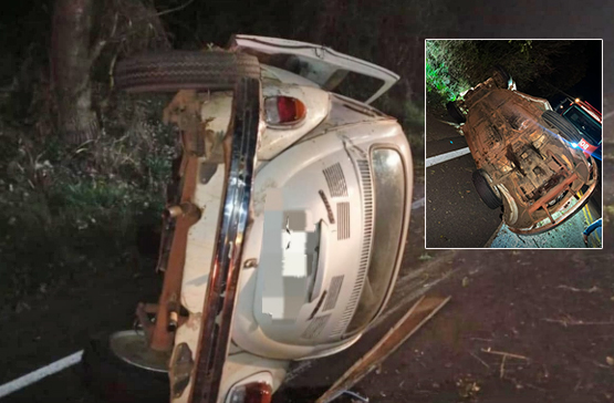 Jovem fica ferido após capotar Fusca em curva no Meio-Oeste de SC