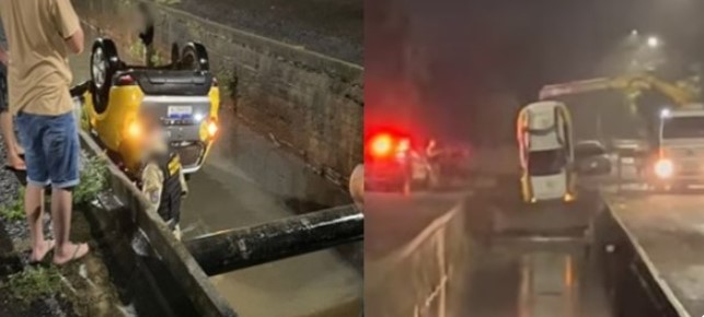 Viatura capota dentro de córrego durante perseguição a motociclista