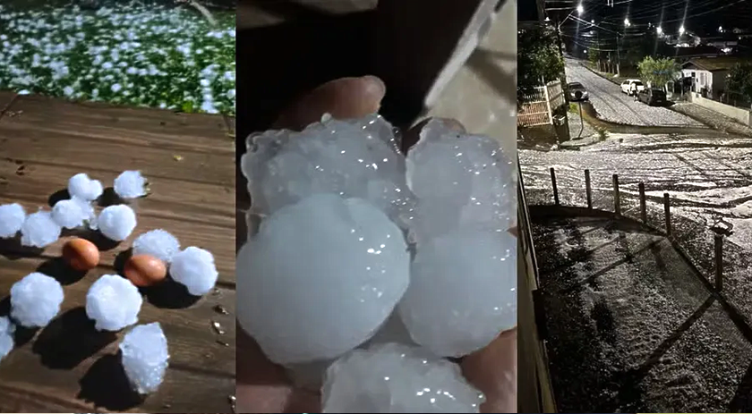 Temporal com granizo cobre ruas de SC com com 'bolas' de gelo