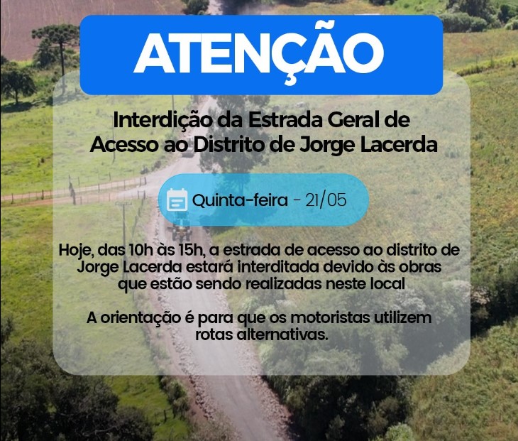 Estrada de acesso a Jorge Lacerda terá interdição temporária para obras de asfaltamento