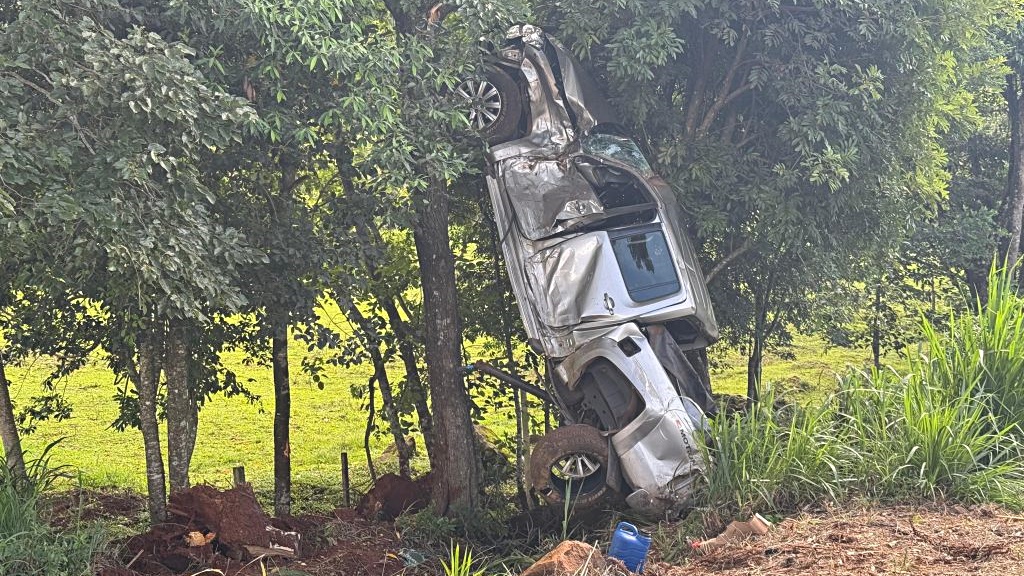 Caminhonete desgovernada bate contra árvore na PR- 566