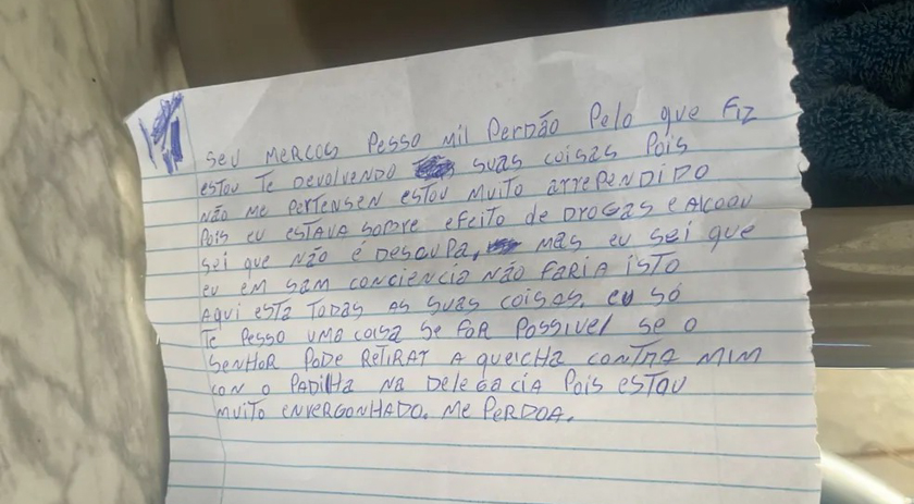 Ladrão devolve objetos furtados de loja e manda carta pedindo perdão ao dono