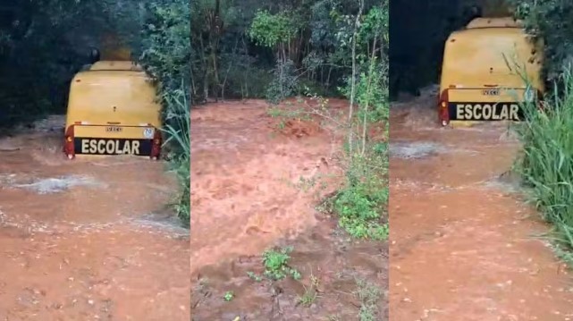 Ônibus com crianças fica ilhado após enxurrada em estrada rural