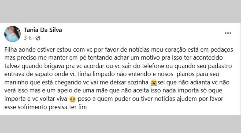 Mãe de jovem desaparecida faz apelo nas redes sociais para encontrar a filha