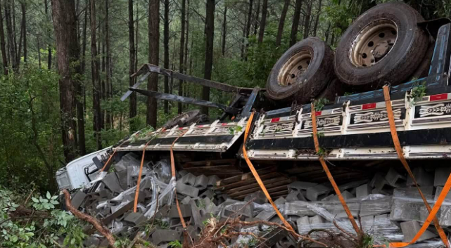 Caminhão carregado com blocos tomba após sair da pista em rodovia