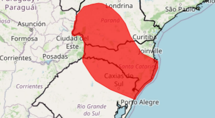 Inmet atualiza alerta vermelho no Sul e coloca 708 municípios em risco de temporais com ventos acima de 100 km/h; frente fria intensifica as instabilidades
