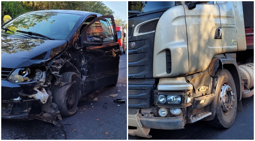 Carro e carreta se envolvem em acidente de trânsito próximo ao trevo de entrada do município
