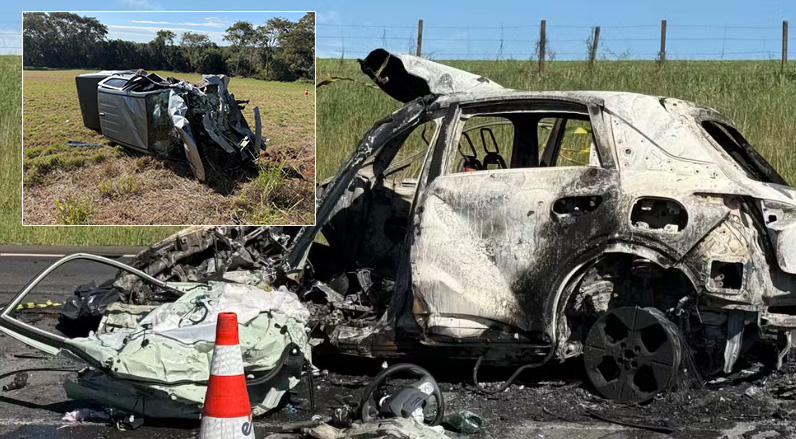 Motorista morre carbonizado após carro elétrico pegar fogo em grave acidente na BR-277