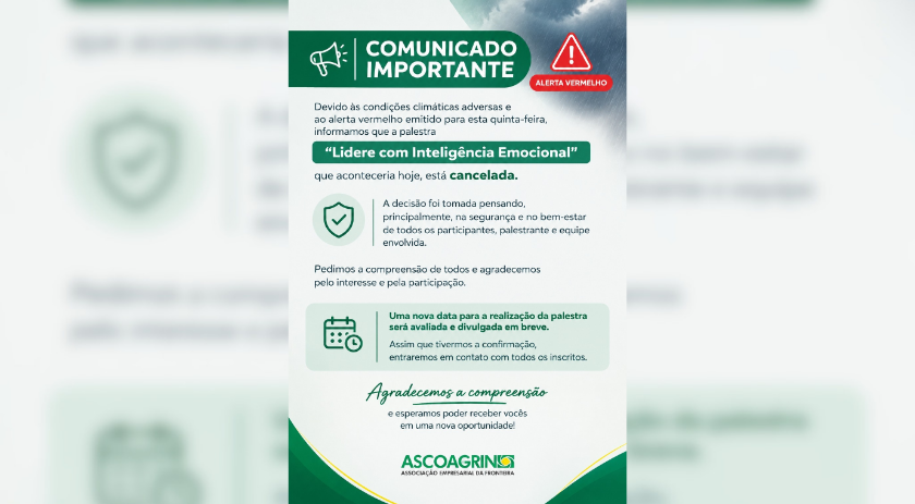 Ascoagrin cancela a palestra sobre Liderança com Inteligência Emocional