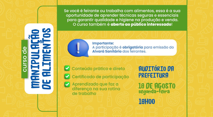 Prefeitura oferece curso gratuito de manipulação de alimentos