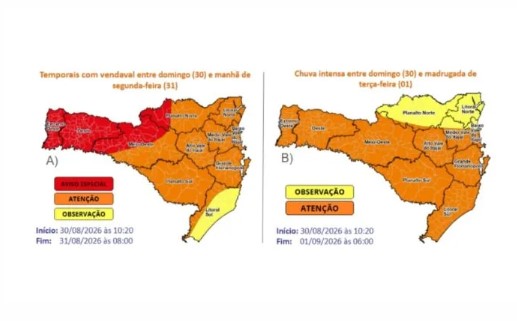 Defesa Civil mantém alerta para temporais com granizo, vendavais, chuva intensa e volumosa