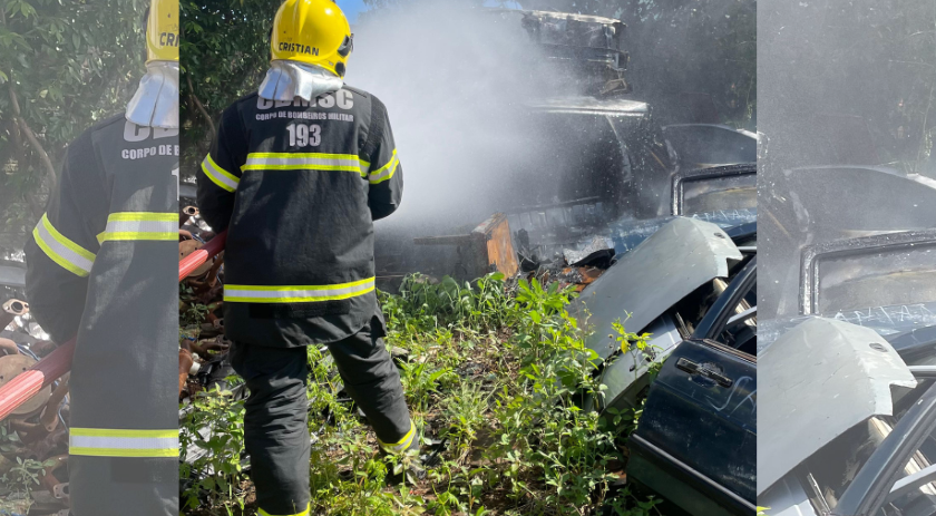 Sucatas de veículos pega fogo em ferro velho e Corpo de Bombeiros é acionado
