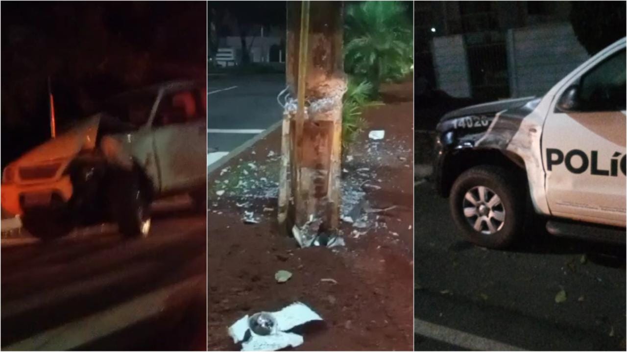Caminhonete colide em poste e em viatura da Polícia Civil estacionada
