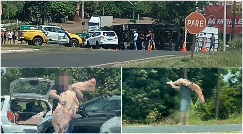 Caminhão tomba na PR-182 e carga de carne é saqueada antes da chegada da polícia
