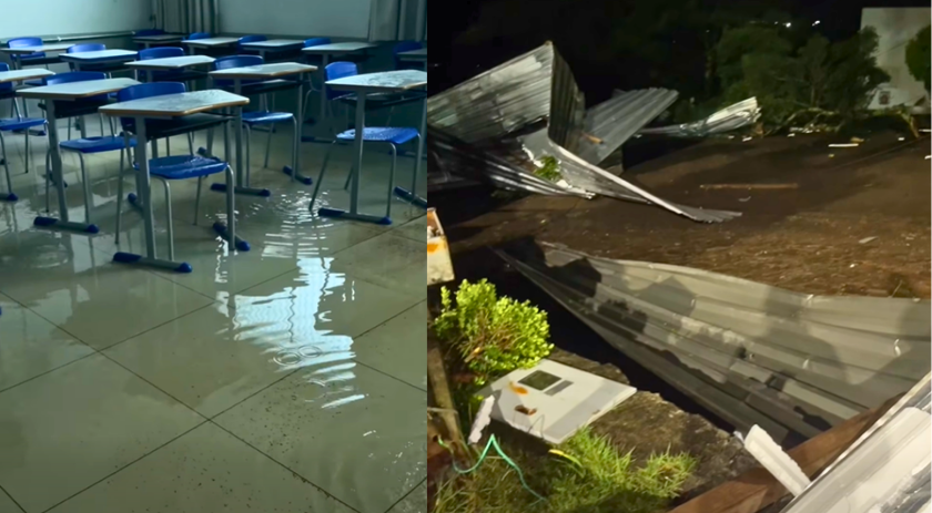 Ventos fortes causam estragos e deixam salas de escola alagadas
