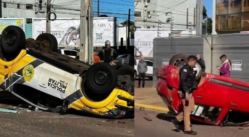 Viatura policial capota após acidente