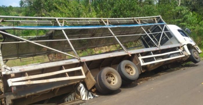 Caminhão sai da pista e tomba no Oeste de SC