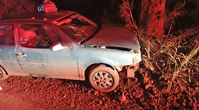 Carro colide contra árvore no interior e deixa duas pessoas feridas