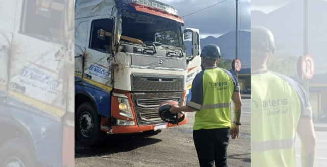 Homem usa capacete para ‘segurança’ ao dirigir carreta sem para-brisa na BR-101 em SC