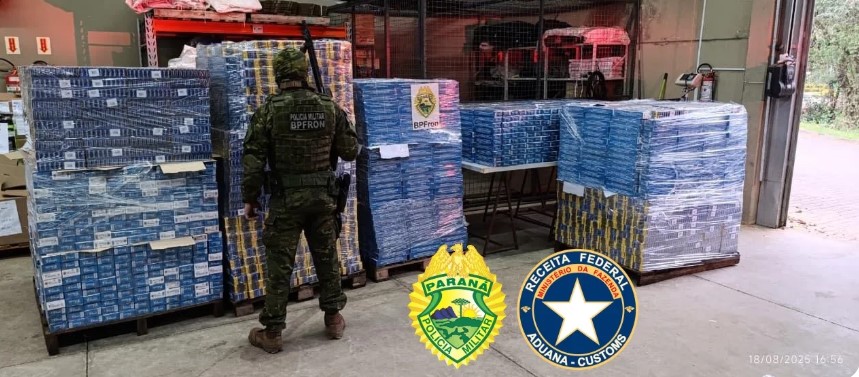 BPFRON e Receita federal descobrem depósito de cigarros contrabandeados