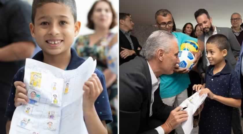 Menino que desenhou próprio álbum da Copa viaja pela 1ª vez de avião e conhece Tite e Marta