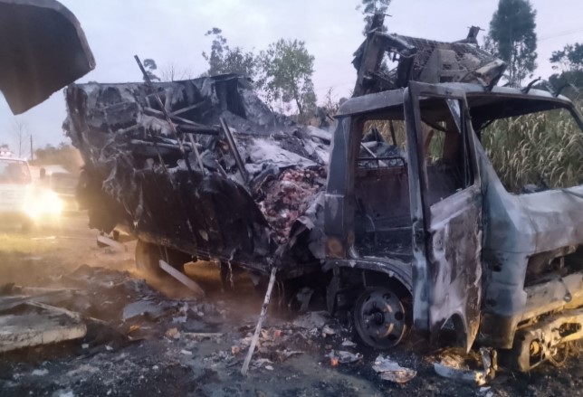 Caminhão é destruído pelo fogo na PR-493