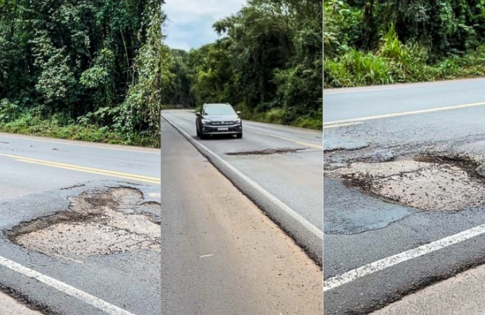 Buraco na BR-282, que causou acidente fatal, cresce e aumenta perigo de novos acidentes