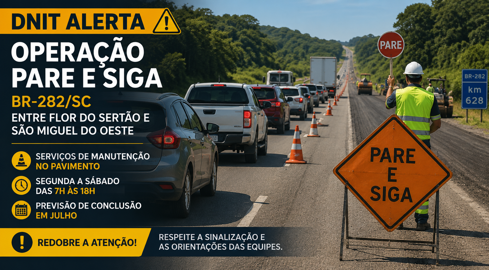 BR-282 – DNIT alerta para operação Pare e Siga entre Flor do Sertão e São Miguel do Oeste