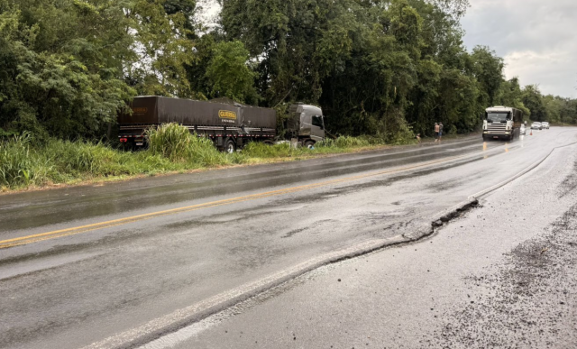 Carreta sai da pista, roda na BR-282 e colide contra árvores