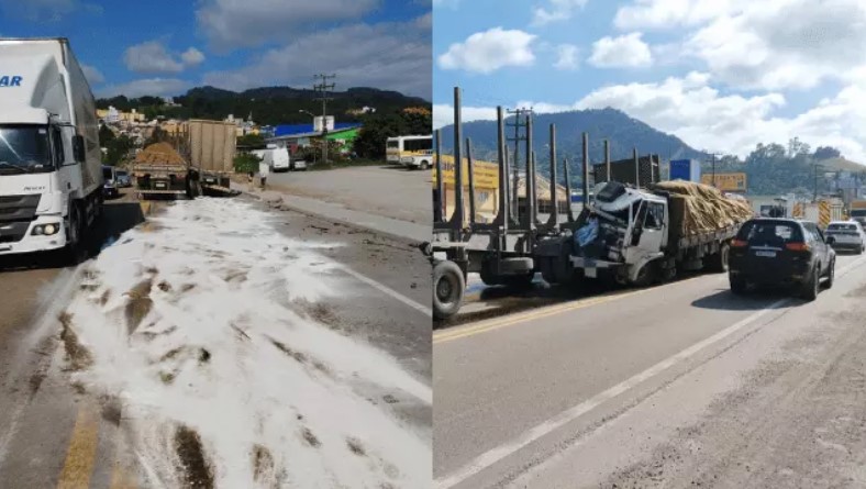 BR-470 fica com óleo na pista após colisão; motorista pulou de caminhão em movimento