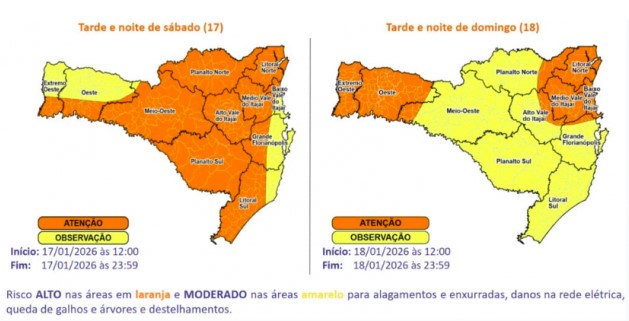Defesa Civil sobe alerta e coloca SC em risco alto para temporais com vento forte e granizo