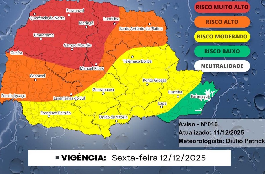Paraná terá tempestades severas neste fim de semana, aponta previsão do Simepar