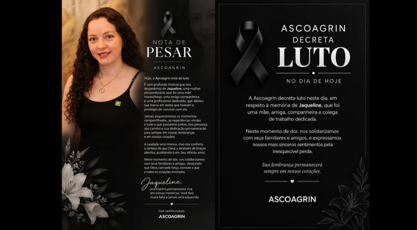 Ascoagrin decreta luto pela morte de Jaqueline Almeida Guedes Eich