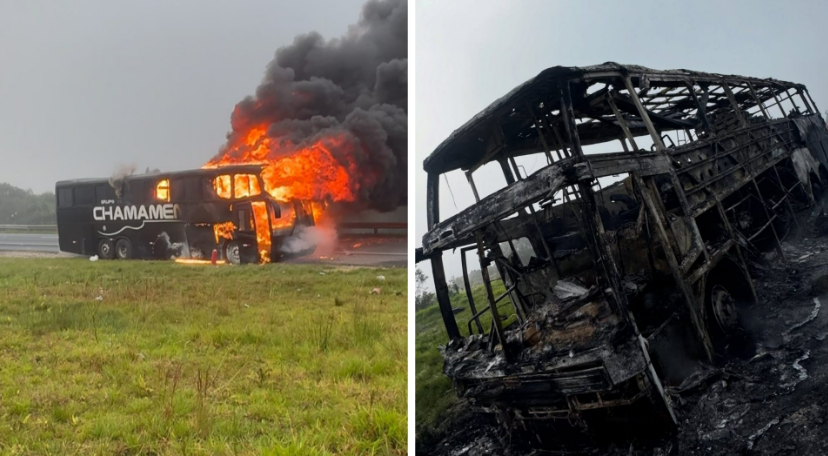 Ônibus de banda gaúcha pega fogo na BR-376 enquanto integrantes dormiam