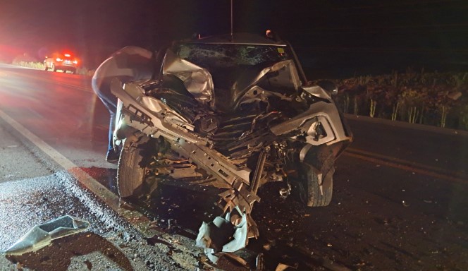 Idoso é socorrido após colisão entre picape e carreta na BR-282