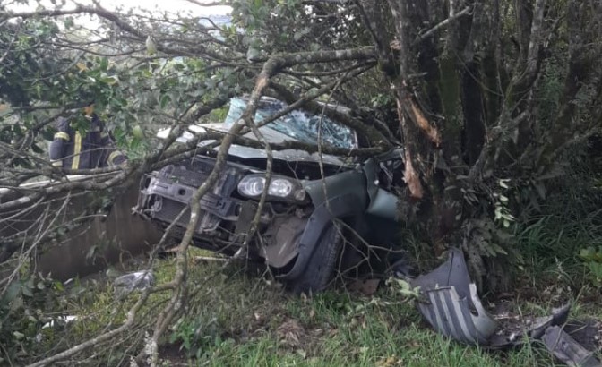 Carro colide contra árvores após se envolver em acidente na BR-282