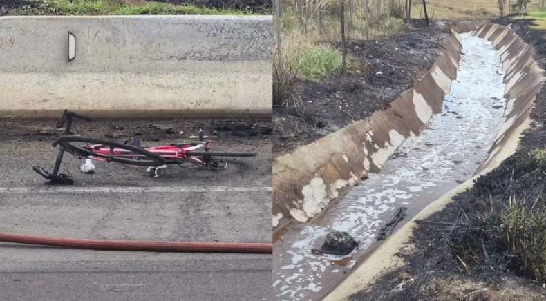 Ciclista morre carbonizado após caminhão-tanque tombar e pegar fogo no Paraná