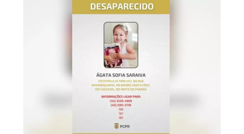 Polícia Civil divulga cartaz para auxiliar nas buscas por criança de 3 anos que foi raptada no Paraná