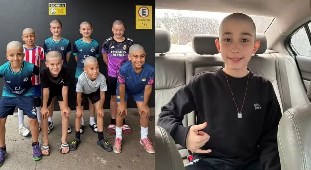 Menino de 10 anos com câncer corta cabelo minutos após descobrir que amigos de futsal rasparam a cabeça por ele no Paraná