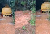 Ônibus com crianças fica ilhado após enxurrada em estrada rural