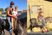 Menina se emociona ao ser buscada de égua na escola