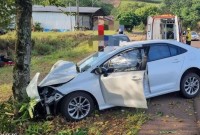 Duas pessoas ficam feridas após carro sair da pista e colidir contra árvore