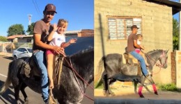 Menina se emociona ao ser buscada de égua na escola