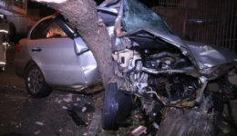 Mulher morre após carro sair da pista e atingir árvores e muro