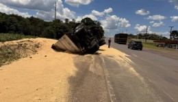 Reboque de carreta carregada se desprende e tomba às margens da BR-163