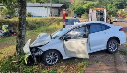 Duas pessoas ficam feridas após carro sair da pista e colidir contra árvore