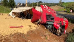 Motorista fica ferido após caminhão tombar na PR-566