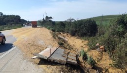 Caminhão carregado com soja tomba na rodovia PR-280