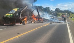 Caminhões pegam fogo após colisão na BR-373